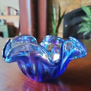 Handblown Iridescent Cobalt Blue Purple Pink Teal Yellow Peacock Glass Bowl